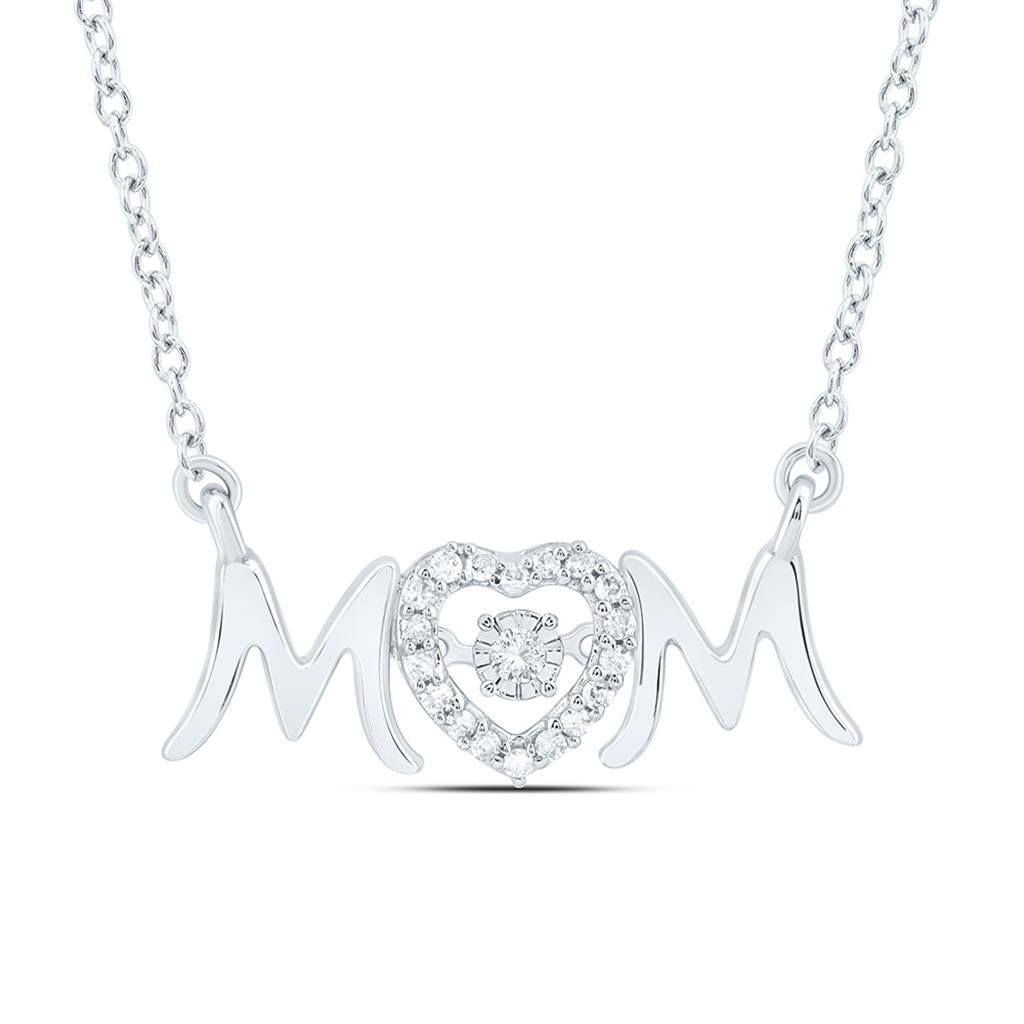 Sterling Silver 1/10 Cttw Natural Diamond Gift "Mom" Heart Necklace (18 Inch)