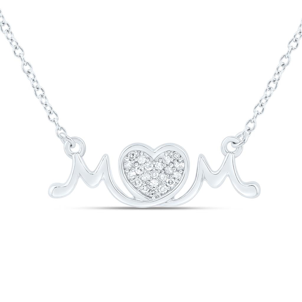 Sterling Silver 1/12 Cttw Natural Diamond Gift "Mom" Heart Necklace (18 Inch)