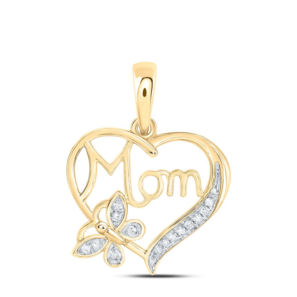 Sterling Silver Yellow Tone 1/20 Cttw Natural Diamond Gift Butterfly "Mom" Heart Pendant
