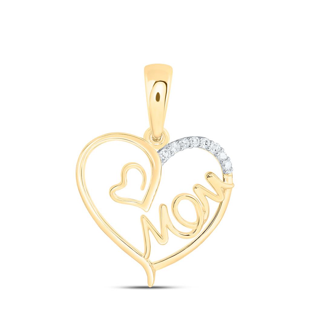 Sterling Silver Yellow Tone 0.03 Cttw Natural Diamond Gift "Mom" Heart Pendant
