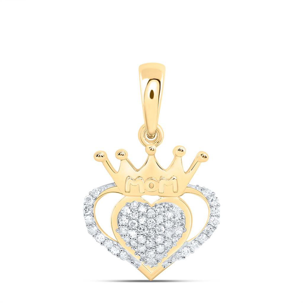 Sterling Silver Yellow Tone 1/6 Cttw Natural Diamond Gift Crown Mom Heart Pendant