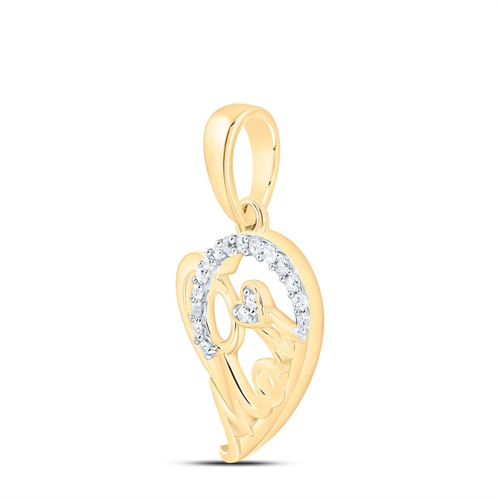 Sterling Silver Yellow Tone 1/12 Cttw Natural Diamond Gift "Mom" Heart Pendant
