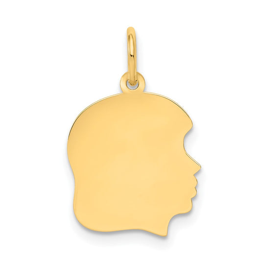 10K Yellow Gold Plain Medium .013 Gauge Facing Right Girl HeadEngravable Charm Pendant Jewelry Gifts (Length 0.86" Width 0.51")