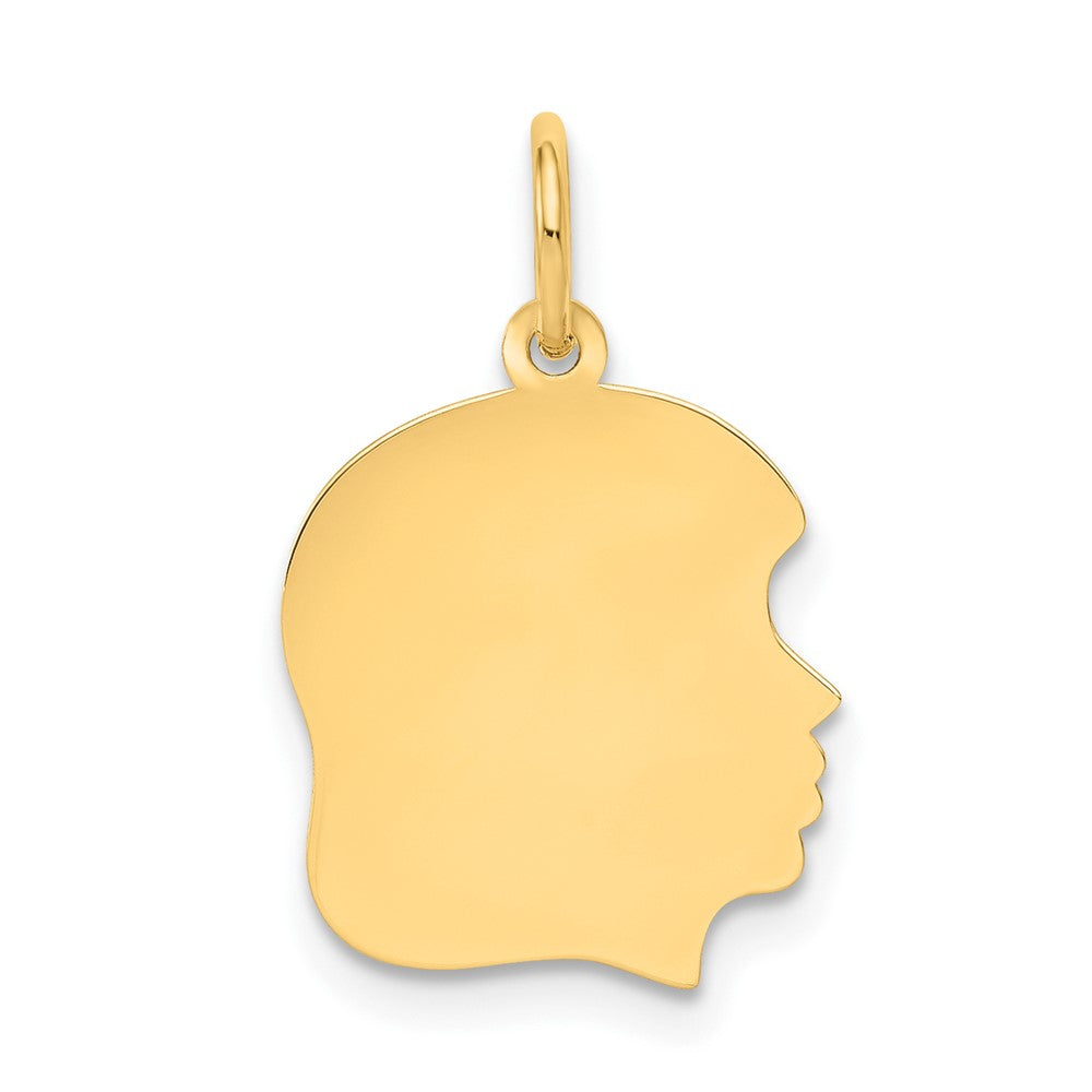 10K Yellow Gold Plain Medium .018 Gauge Facing Right Girl HeadEngravable Charm Pendant Jewelry Gifts (Length 0.86" Width 0.51")