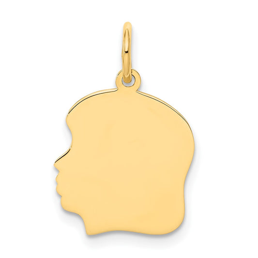 10K Yellow Gold Plain Medium .018 Gauge Facing Left Girl HeadEngravable Charm Pendant Jewelry Gifts (Length 0.86" Width 0.51")