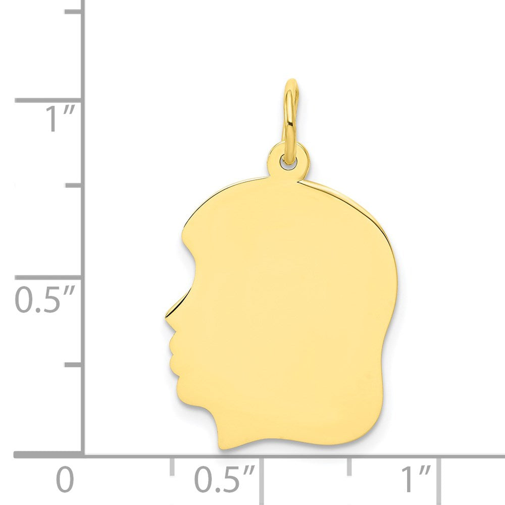 10K Yellow Gold Plain Medium .018 Gauge Facing Left Girl HeadEngravable Charm Pendant Jewelry Gifts (Length 1.05" Width 0.66")