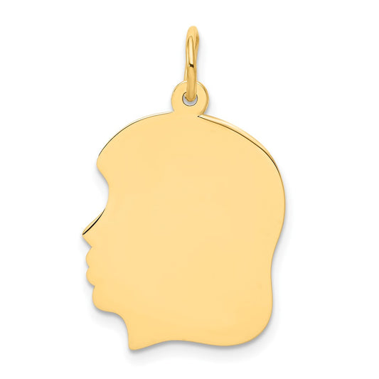 10K Yellow Gold Plain Medium .013 Gauge Facing Left Girl HeadEngravable Charm Pendant Jewelry Gifts (Length 1.05" Width 0.66")