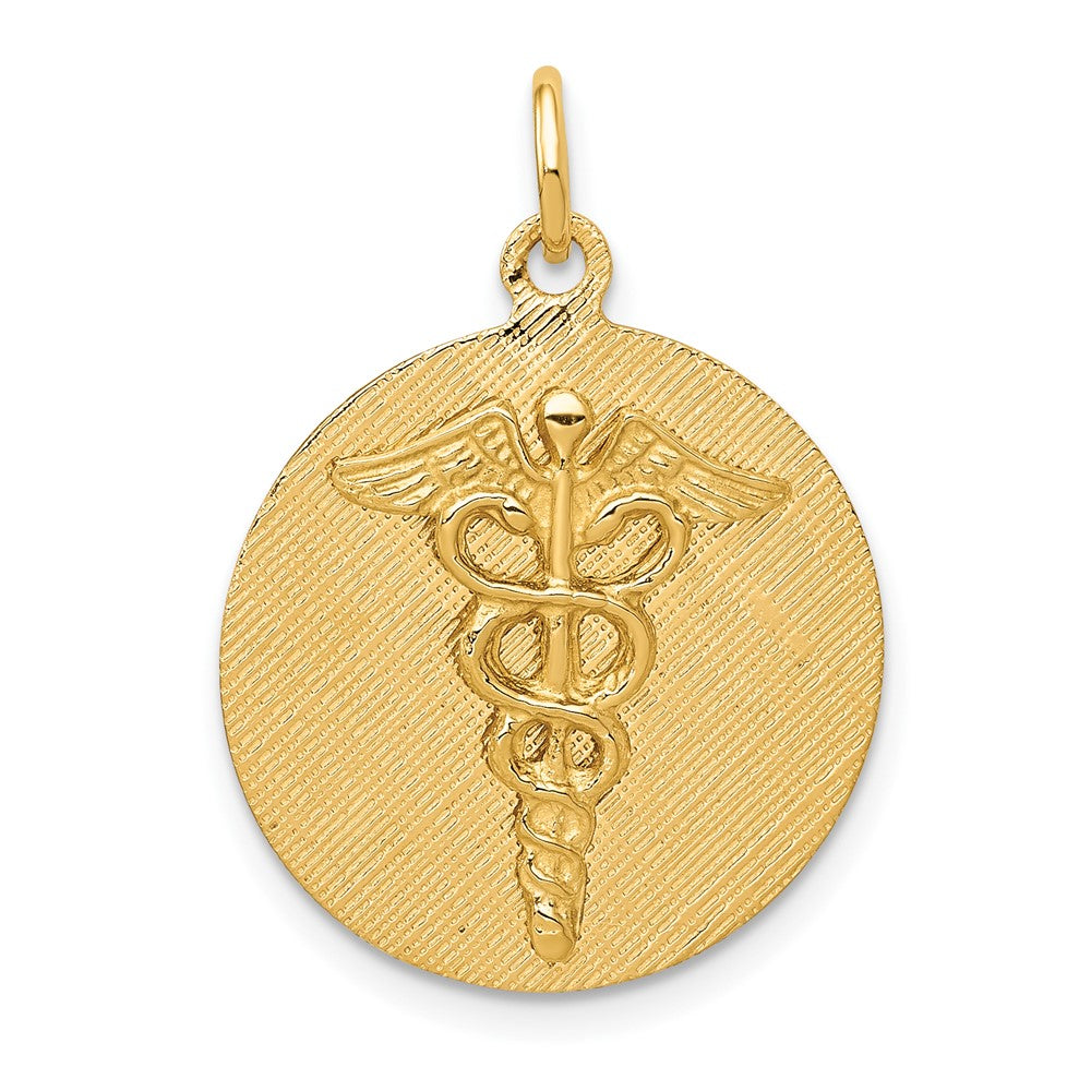 14k Yellow Gold Caduceus Disc Engravable Charm Pendant Jewelry Gifts (Length 0.98" Width 0.74")