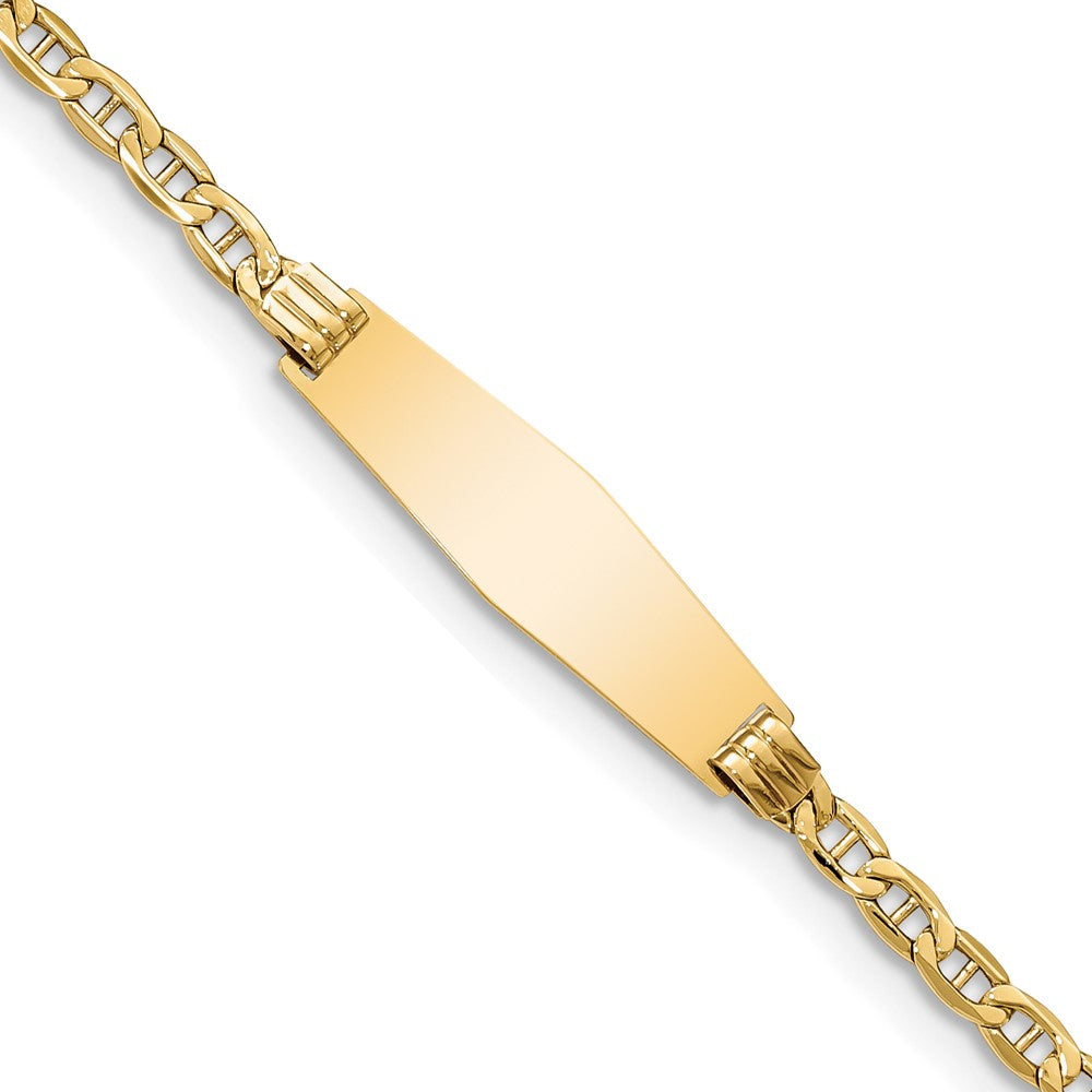 Engravable 14K Yellow Gold Soft Diamond Shape Anchor Link ID Bracelet Length 7 inches Width 7.8 mm With Lobster Claw Clasp