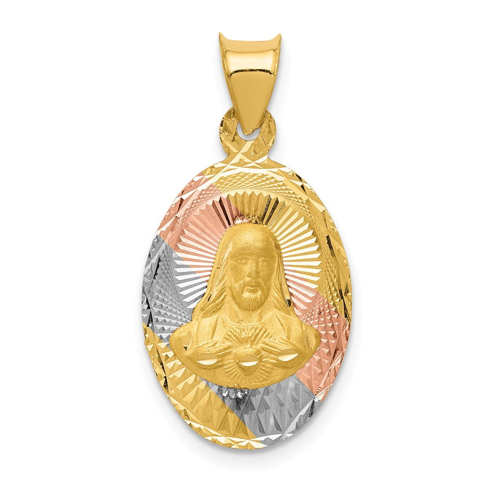 14k Yellow Gold with Rose and White Diamond Cut Sagrado Corazon OvalEngravable Charm Pendant Jewelry Gifts