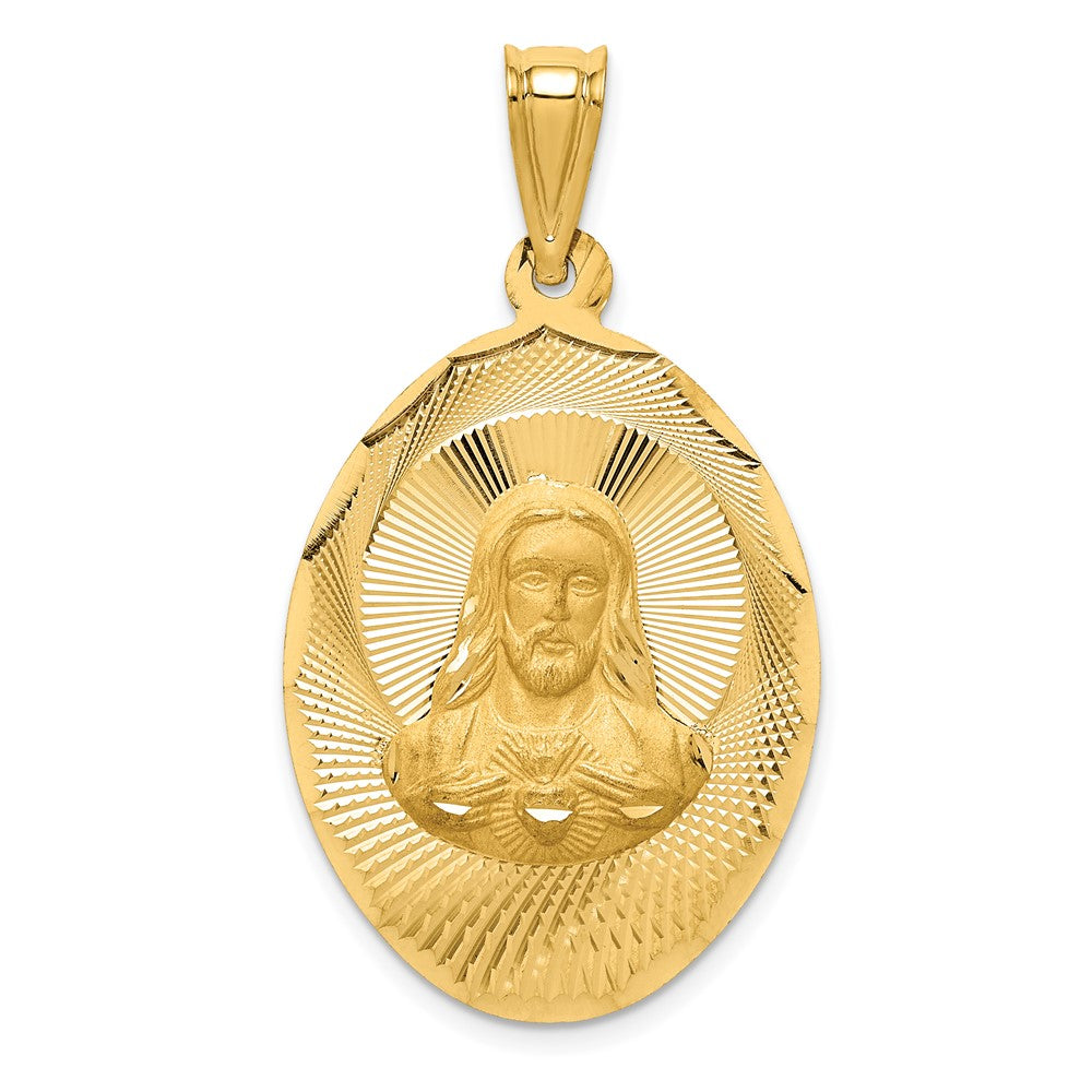 14k Yellow Gold Polished Diamond Cut Sagrado Corazon OvalEngravable Charm Pendant Jewelry Gifts