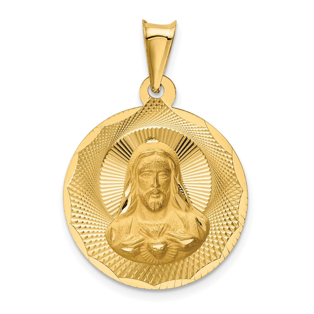 14k Yellow Gold Polished Diamond Cut Sagrado Corazon CircleEngravable Charm Pendant Jewelry Gifts
