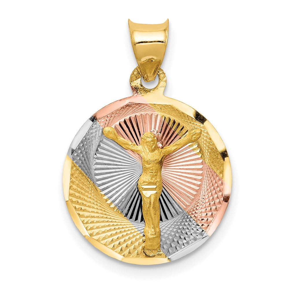 14k Yellow Gold with Rose and White Diamond Cut Corpus CircleEngravable Charm Pendant Jewelry Gifts (Length 0.86" Width 0.62")