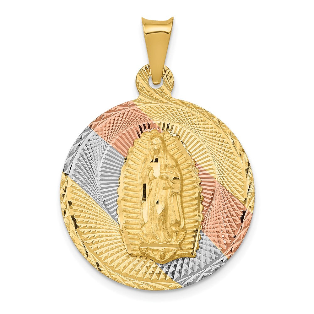 14k Yellow Gold Polished Diamond Cut Lady Of Guadalupe CircleEngravable Charm Pendant Jewelry Gifts (Length 1.08" Width 0.78")