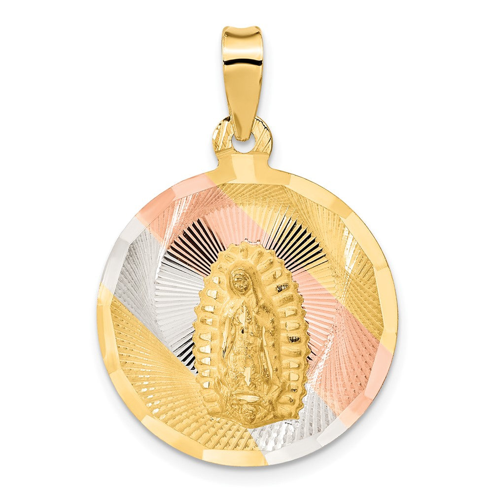 14k Yellow Gold Polished Diamond Cut Lady Of Guadalupe CircleEngravable Charm Pendant Jewelry Gifts (Length 1.33" Width 0.9")