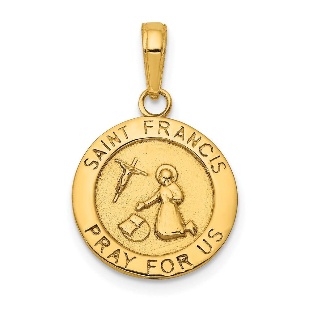 14k Yellow Gold Gold Satin And Polished Saint Francis Medal Engravable Charm Pendant Jewelry Gifts (Length 0.86" Width 0.56")