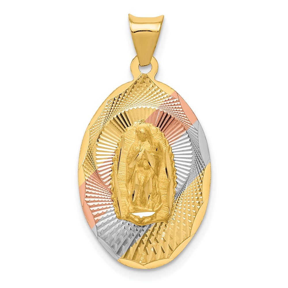 14k Yellow Gold Diamond Cut Lady Of Guadalupe OvalEngravable Charm Pendant Jewelry Gifts (Length 1.1" Width 0.56")