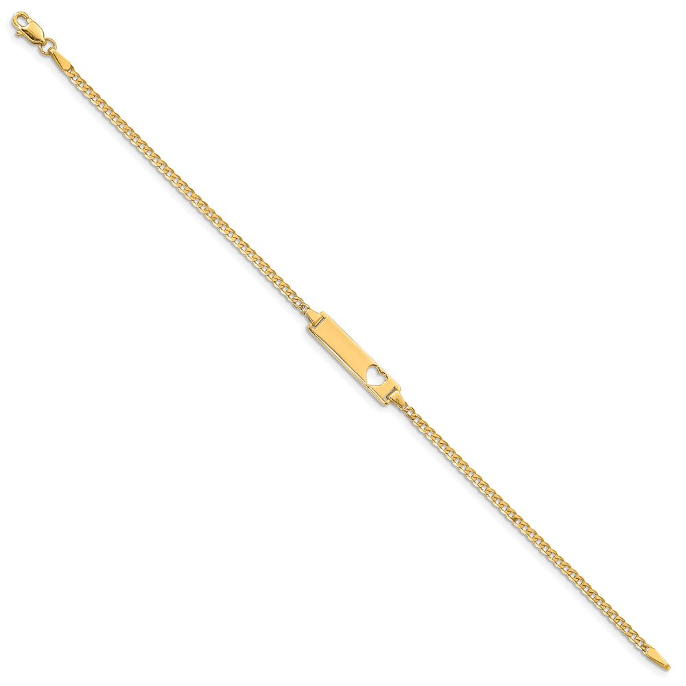 Polished Engravable 14K Yellow Gold Cut out Heart Curb Link ID Bracelet Length 7 inches Width 5 mm With Lobster Claw Clasp