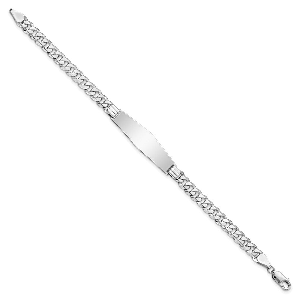 Engravable 14K White Gold Flat Curb Link Soft Diamond Shape ID Bracelet Length 8 inches Width 10 mm With Lobster Claw Clasp
