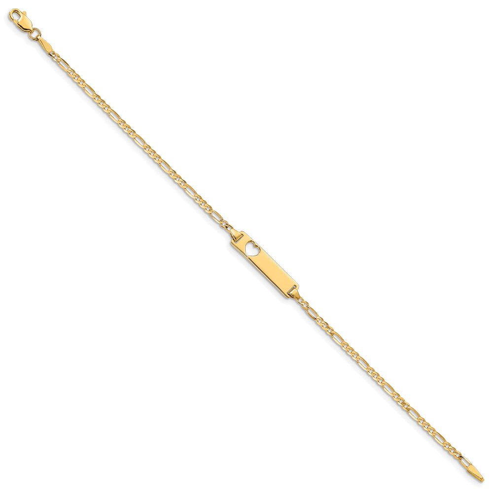 Engravable 14K Yellow Gold Cut out Heart Figaro Link ID Bracelet Length 7 inches Width 5 mm With Lobster Claw Clasp