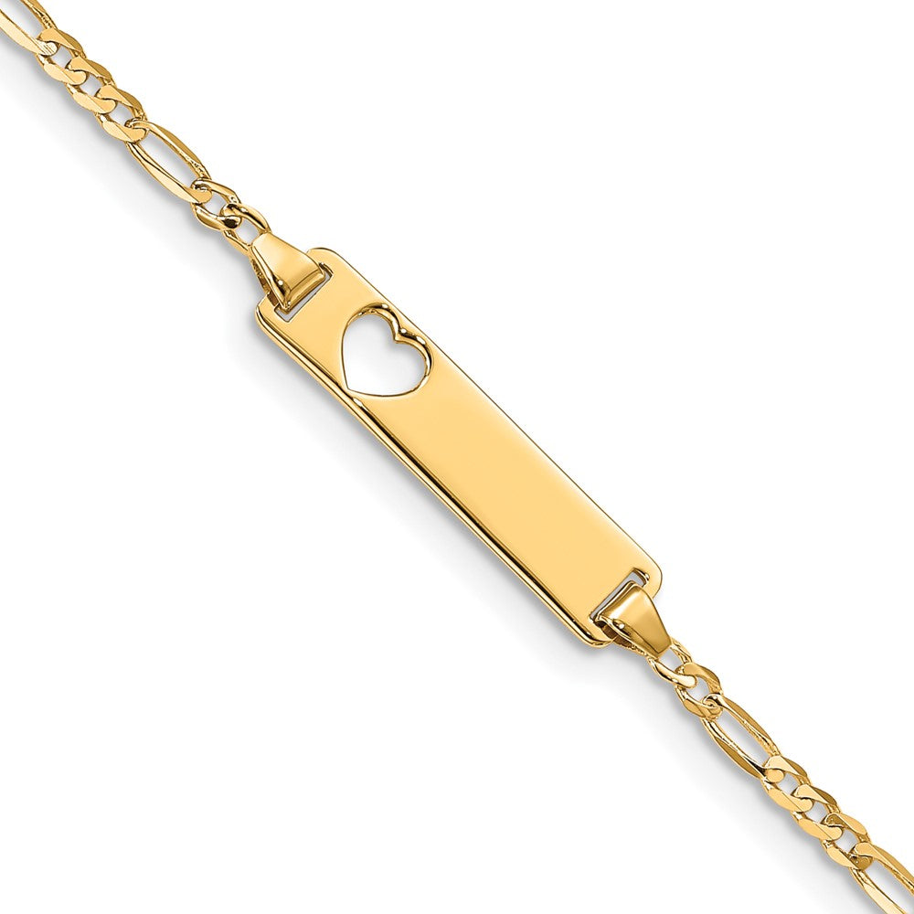Engravable 14K Yellow Gold Cut out Heart Figaro Link ID Bracelet Length 7 inches Width 5 mm With Lobster Claw Clasp