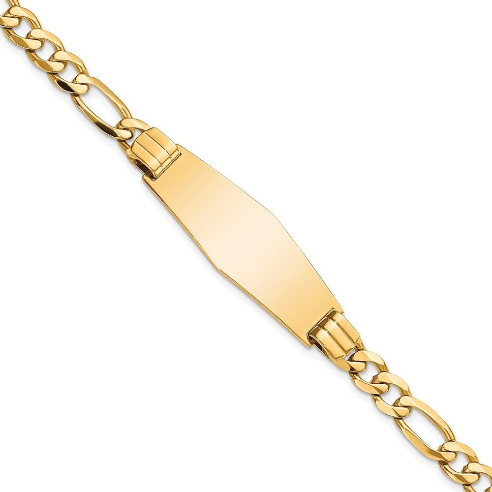 Engravable 14K Yellow Gold Flat Figaro Link Soft Diamond Shape ID Bracelet Length 7 inches Width 13.5 mm With Lobster Claw Clasp