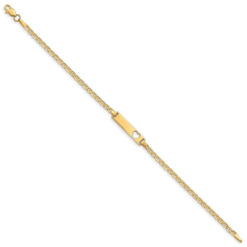 Polished Engravable 14K Yellow Gold Cut out Heart Anchor Link ID Bracelet Length 7 inches Width 5 mm With Lobster Claw Clasp