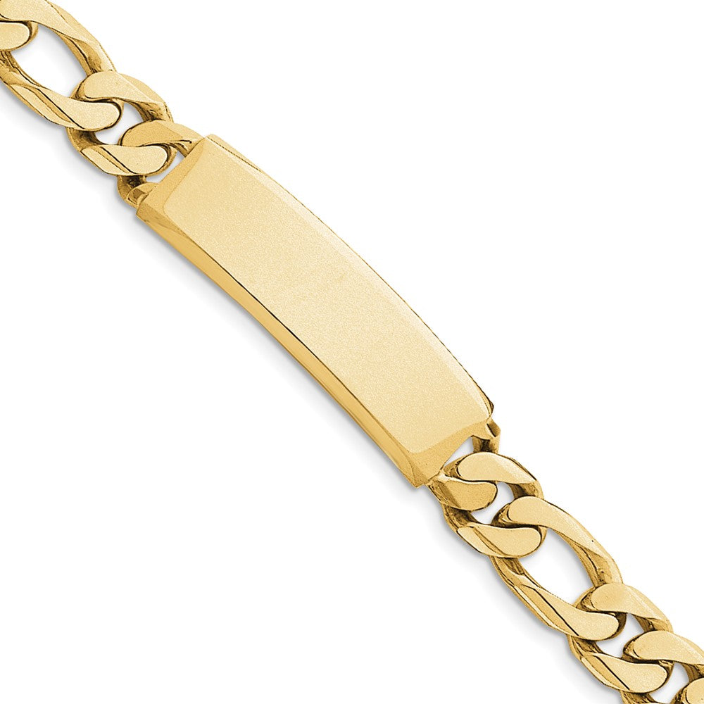 Engravable 14K Yellow Gold Hand polished Figaro Link ID Bracelet Length 8.5 inches Width 14 mm With Box And Tongue Clasp