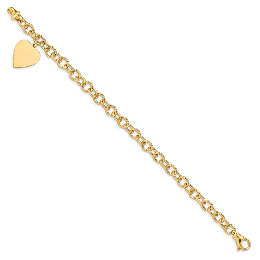 Polished Engravable 14K Yellow Gold Link with Heart Charm Bracelet Length 7.5 inches Width 17 mm With Lobster Claw Clasp