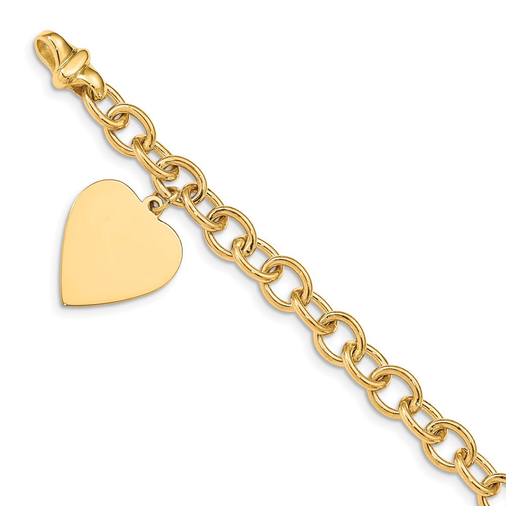 Polished Engravable 14K Yellow Gold Link with Heart Charm Bracelet Length 7.5 inches Width 17 mm With Lobster Claw Clasp