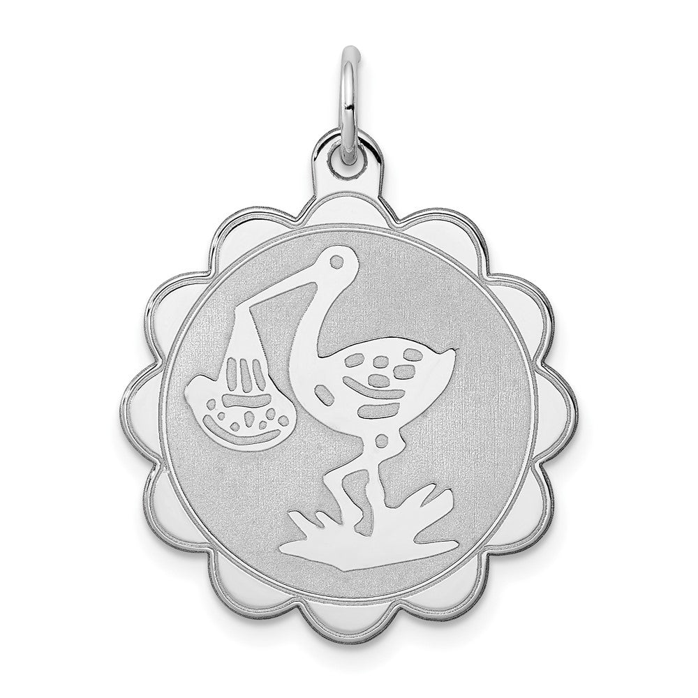 925 Sterling Silver Stork Disc Engravable Charm Pendant Jewelry Gifts (Length 1.17" Width 0.86")