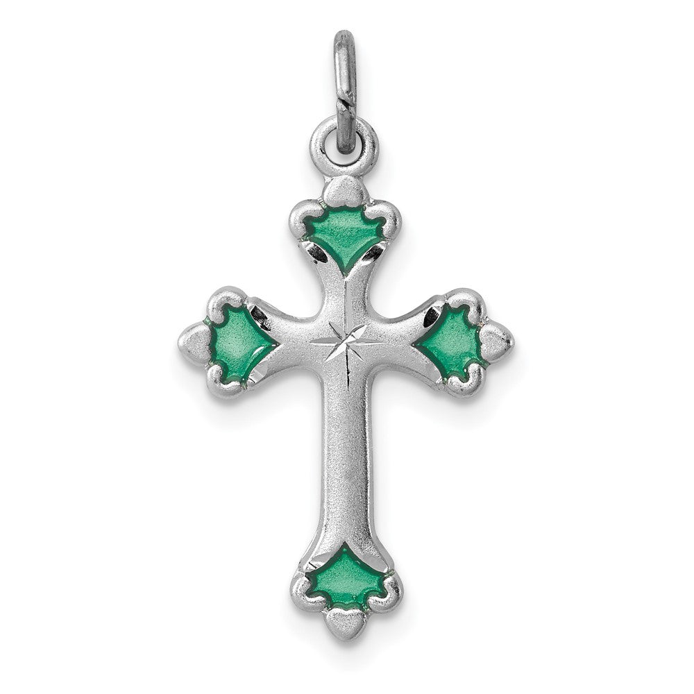925 Sterling Silver Green Enameled Budded Crucifix CrossEngravable Charm Pendant Jewelry Gifts (Length 0.9" Width 0.59")
