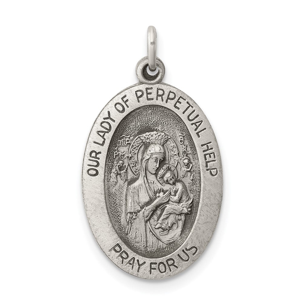 925 Sterling Silver Antiqued Our Lady of Perpetual Help Oval Medal Engravable Charm Pendant Jewelry Gifts (Length 0.9" Width 0.7")