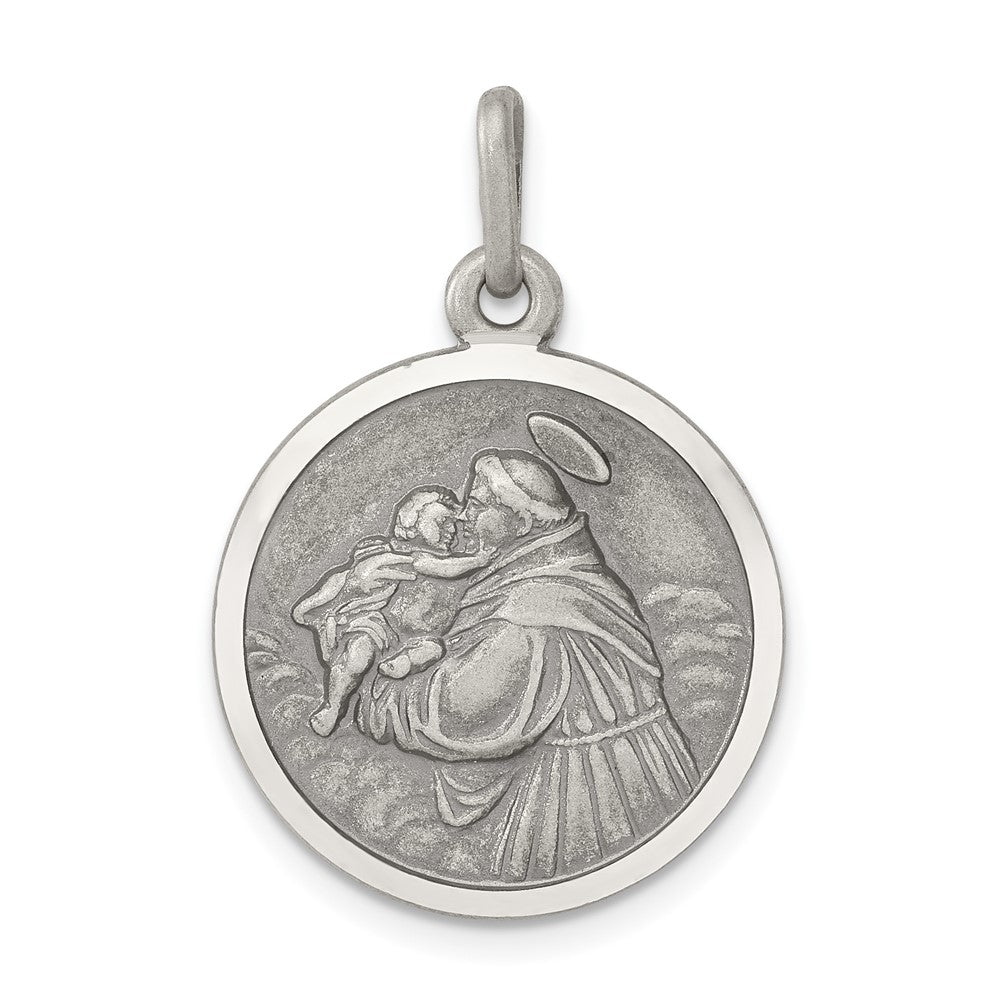 925 Sterling Silver Antiqued Saint Anthony Medal Engravable Charm Pendant Jewelry Gifts (Length 1.05" Width 0.7")