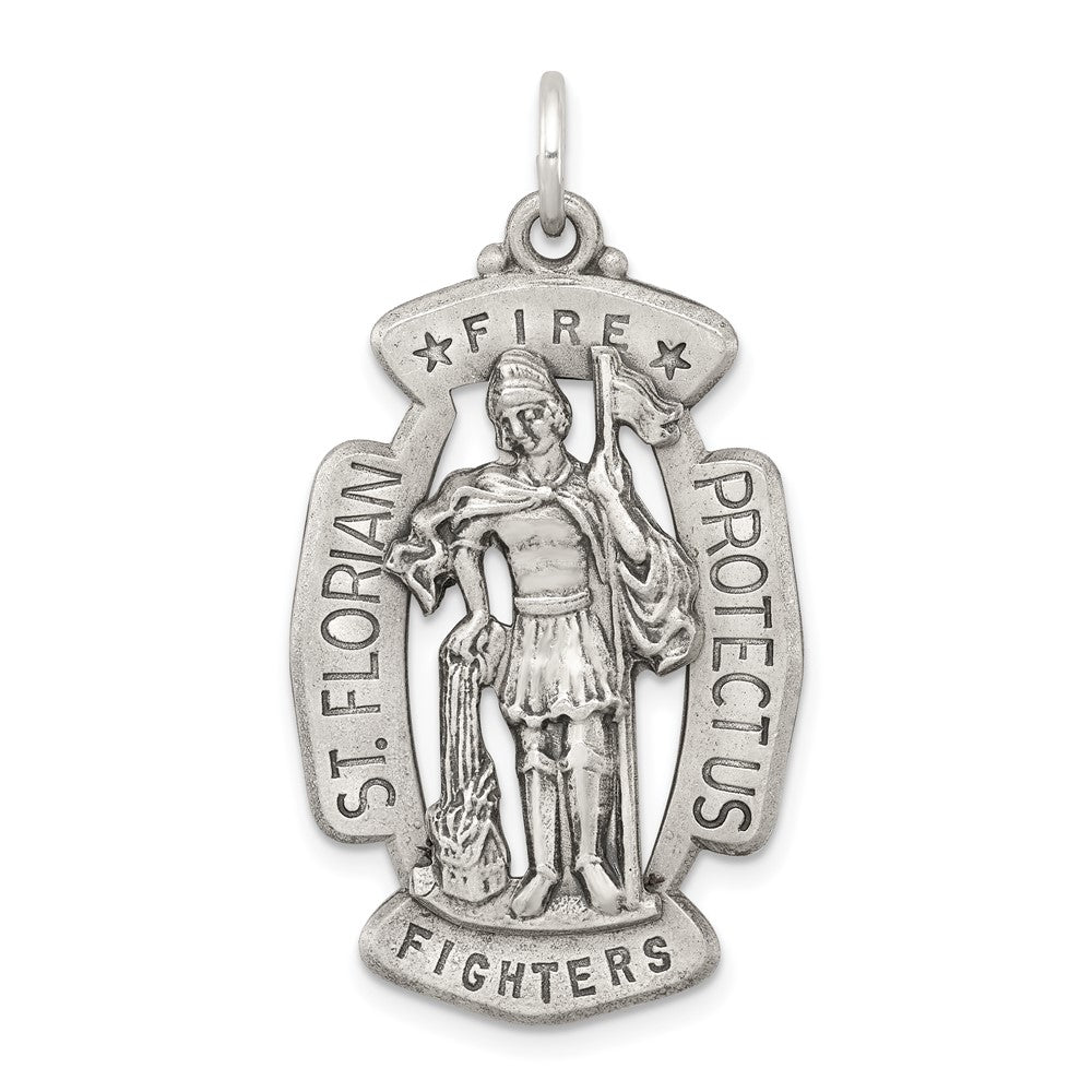 925 Sterling Silver Antiqued Saint Florian Medal Engravable Charm Pendant Jewelry Gifts (Length 1.56" Width 0.82")