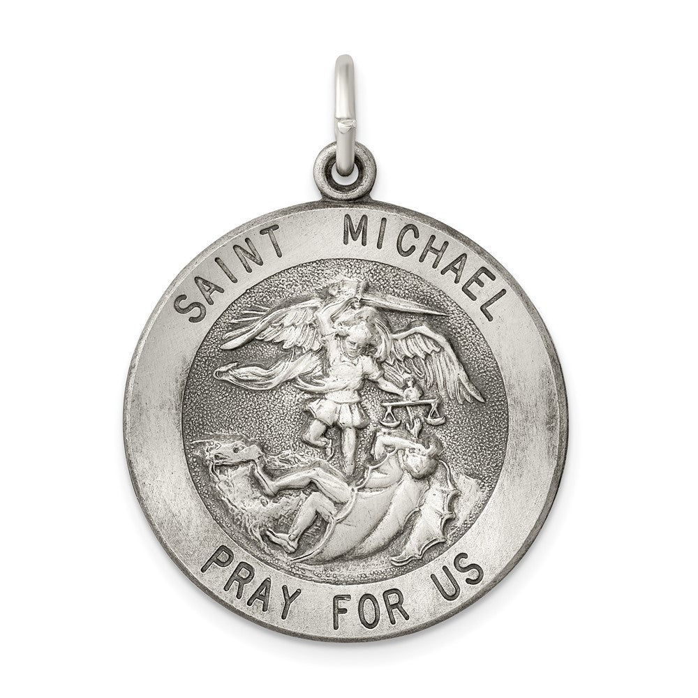 925 Sterling Silver Antiqued Saint Michael Medal Engravable Charm Pendant Jewelry Gifts (Length 1.37" Width 0.98")