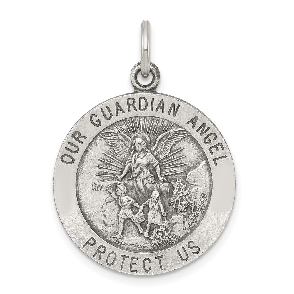 925 Sterling Silver Antiqued Guardian Angel Medal Engravable Charm Pendant Jewelry Gifts (Length 1.17" Width 0.86")