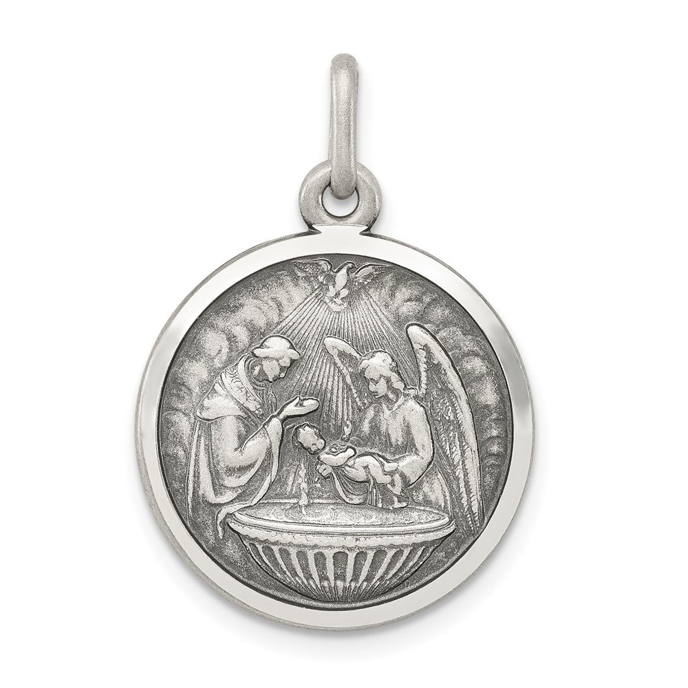 925 Sterling Silver Baptism Medal Engravable Charm Pendant Jewelry Gifts (Length 1.09" Width 0.78")