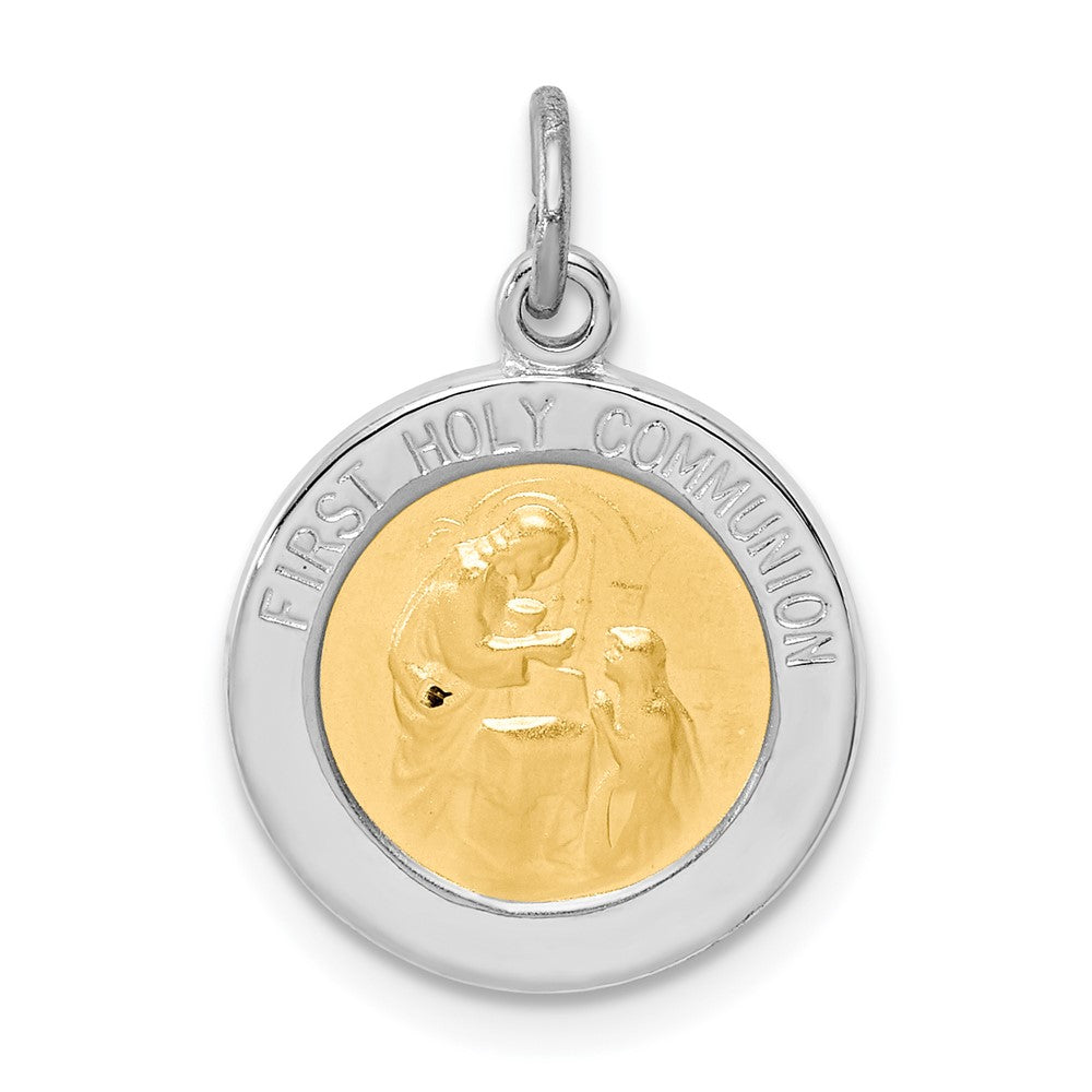 925 Sterling Silver Vermeil Holy Communion Medal Engravable Charm Pendant Jewelry Gifts (Length 0.98" Width 0.86")