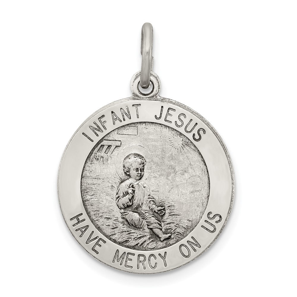 925 Sterling Silver Antiqued Infant Jesus Medal Engravable Charm Pendant Jewelry Gifts (Length 0.66" Width 0.43")