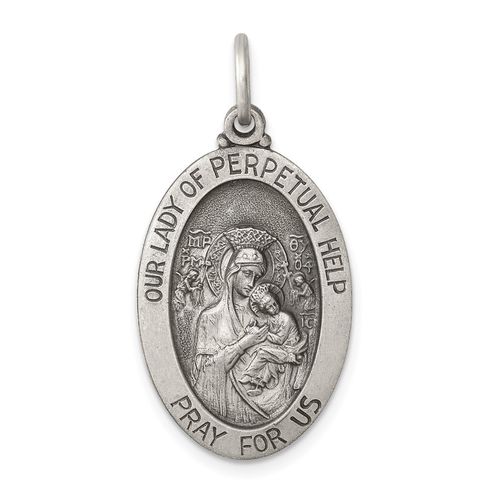 925 Sterling Silver Antiqued Our Lady of Perpetual Help Medal Engravable Charm Pendant Jewelry Gifts (Length 1.21" Width 0.62")