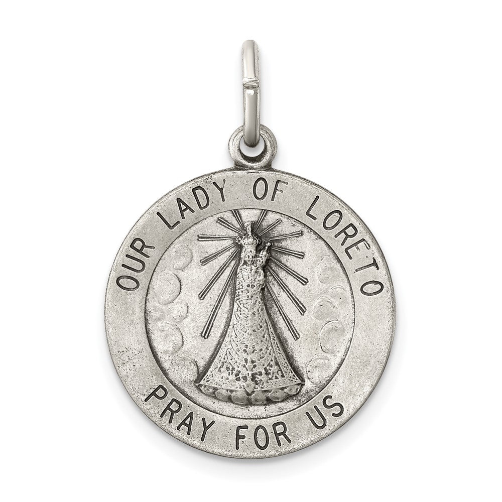 925 Sterling Silver Antiqued Our Lady of Loreto Medal Engravable Charm Pendant Jewelry Gifts (Length 0.86" Width 0.7")