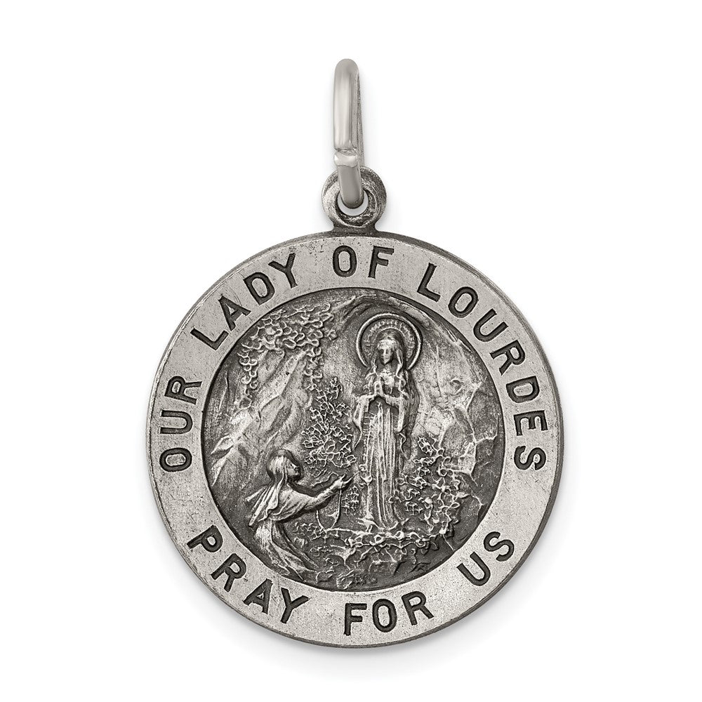 925 Sterling Silver Antiqued Our Lady of Lourdes Medal Engravable Charm Pendant Jewelry Gifts (Length 0.94" Width 0.55")