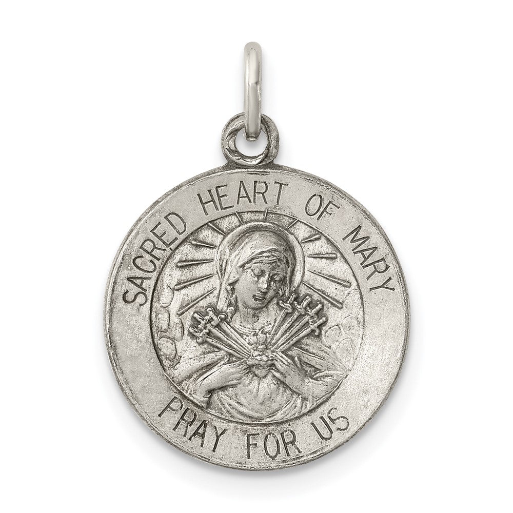 925 Sterling Silver Antiqued Sacred Heart of Mary Medal Engravable Charm Pendant Jewelry Gifts (Length 0.86" Width 0.59")