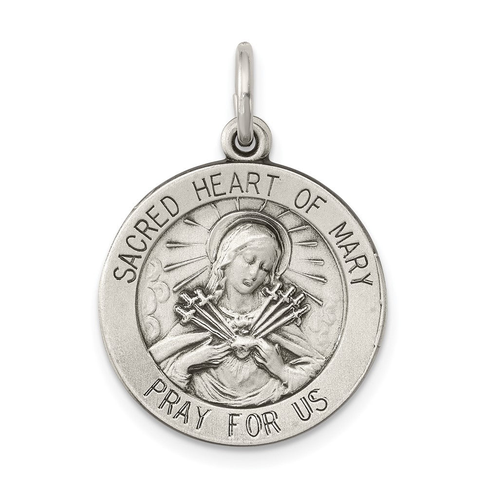 925 Sterling Silver Antiqued Sacred Heart of Mary Medal Engravable Charm Pendant Jewelry Gifts (Length 1.01" Width 0.74")