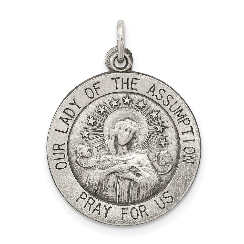 925 Sterling Silver Antiqued Our Lady of the Assumption Medal Engravable Charm Pendant Jewelry Gifts (Length 1.01" Width 0.74")