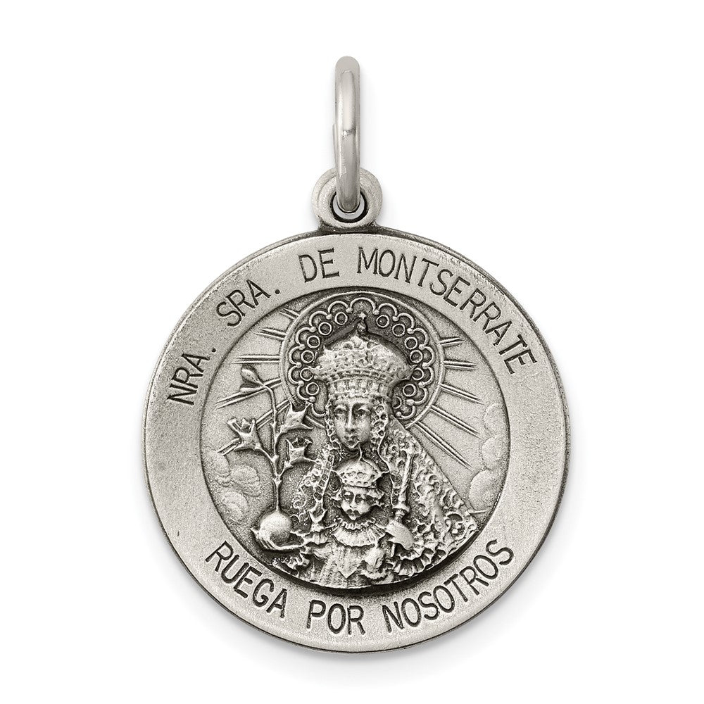 925 Sterling Silver Antiqued Lady Of Montserrate Medal Engravable Charm Pendant Jewelry Gifts (Length 1.01" Width 0.62")