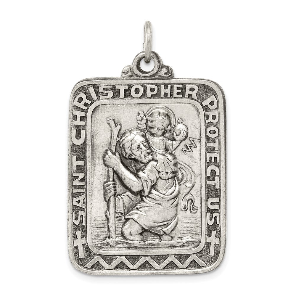 925 Sterling Silver Antiqued Saint Christopher Medal Engravable Charm Pendant Jewelry Gifts (Length 1.6" Width 1.01")