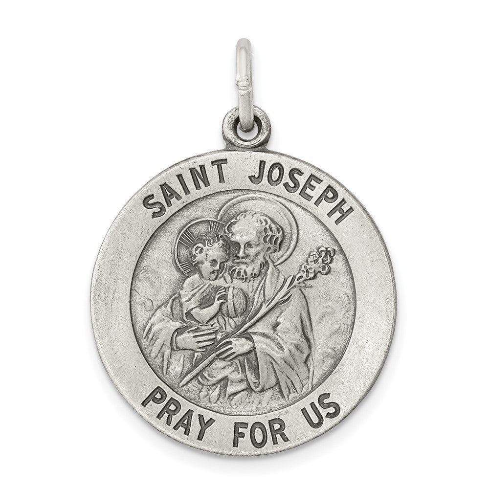 925 Sterling Silver Antiqued Saint Joseph Medal Engravable Charm Pendant Jewelry Gifts (Length 1.17" Width 0.86")