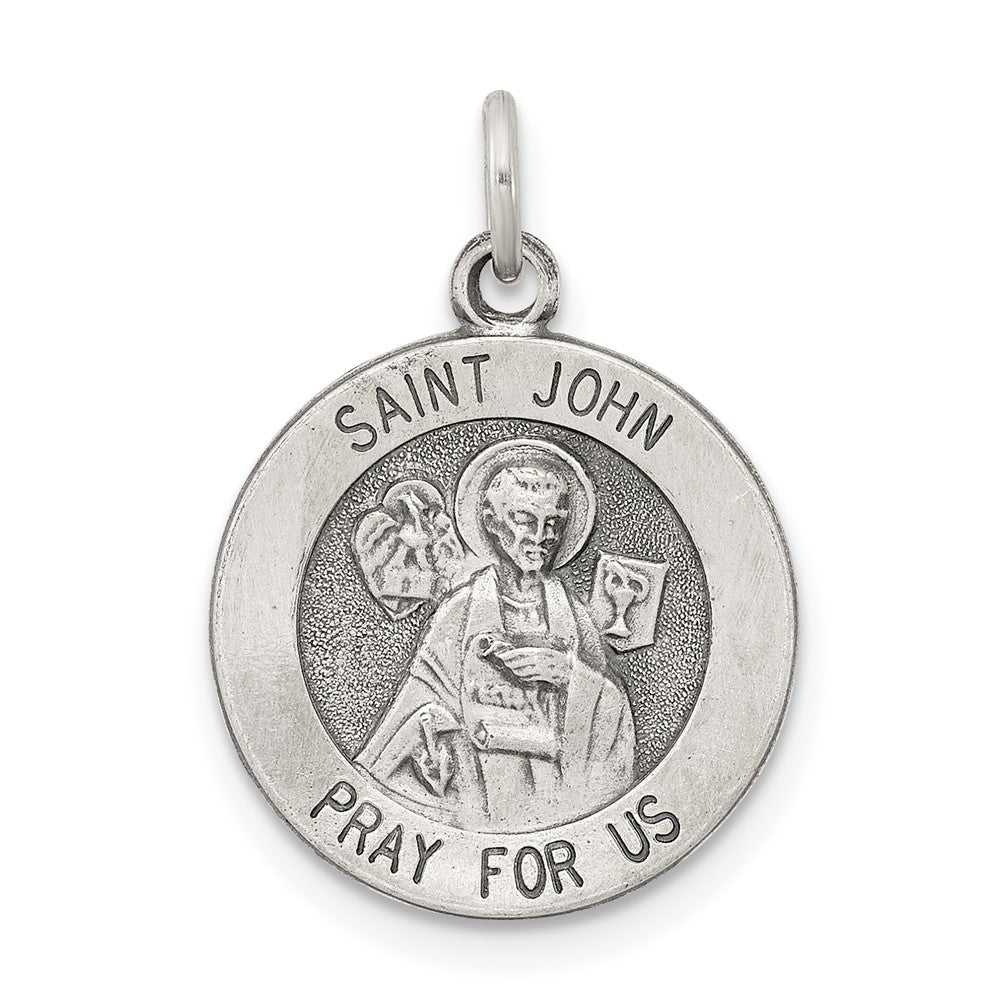 925 Sterling Silver Antiqued Saint John Medal Engravable Charm Pendant Jewelry Gifts (Length 0.86" Width 0.62")